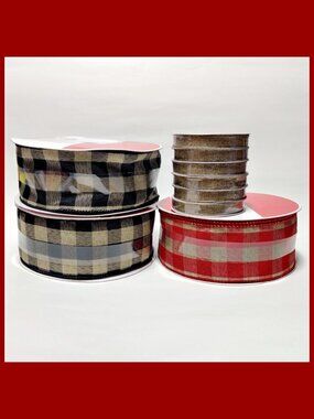 9 Spools Celebrate It Christmas Ribbon Lot - BUFFALO PLAID - Red/Tan Black/Tan